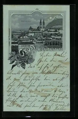 Mondschein-Lithographie Klosterneuburg, Die Stadt im Vollmondlicht gesehen