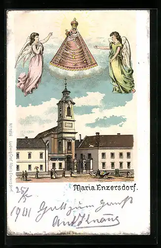 AK Maria Enzersdorf, Gnadenbild mit Engeln und Stiftskirche