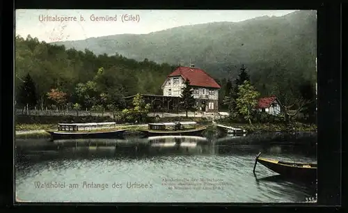 AK Gemünd, Waldhotel am Urftsee mit Motorbooten