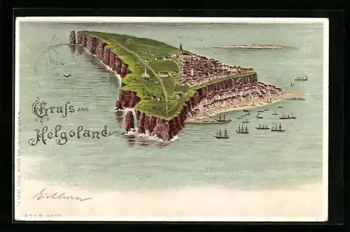 Lithographie Helgoland, Insel aus der Vogelschau