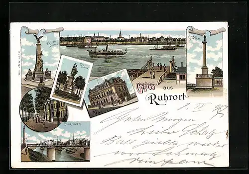 Lithographie Ruhrort, Vinckebrücke, Postamt, Krieger-Denkmal