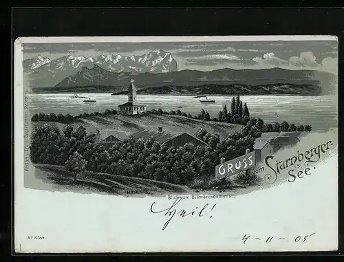 Mondschein-Lithographie Starnberg, Starnberger See, Blick vom Bismarckdenkmal aus der Vogelschau