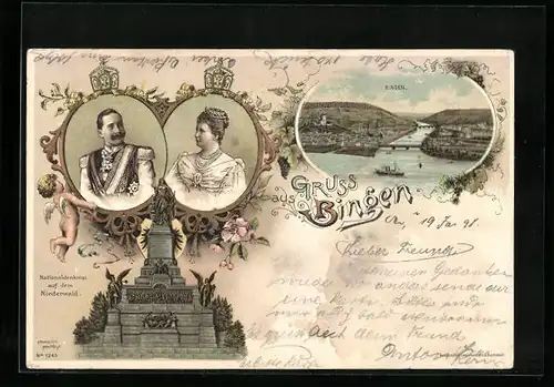 Lithographie Bingen, Nationaldenkmal Niederwald, Kaiserpaar, Ortsansicht