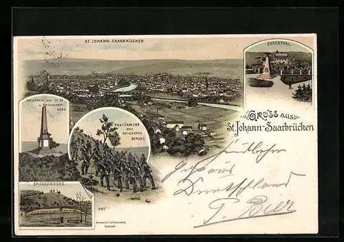 Lithographie St. Johann-Saarbrücken, Erstürmung Spichernberg, Ehrenthal, Gesamtansicht