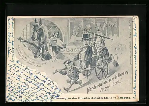 Künstler-AK Hamburg, Droschkenkutscher-Streik 1902, Fremden-Beförderung mit Gepäck-Karre