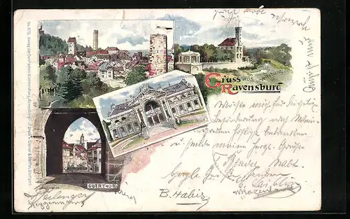 Lithographie Ravensburg, Oberthor, Gasthaus Veitsburg, Totalansicht