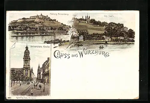 Lithographie Würzburg, Universitätskirche mit Strasse, Ortsansicht mit Festung Marienberg