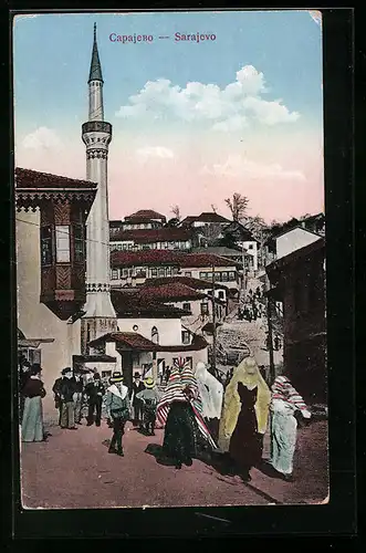 AK Sarajevo, Strassenpartie mit Blick auf das Minarett