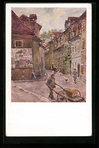 Künstler-AK Ljubljana, Mann schiebt einen Karren durch die Strassen