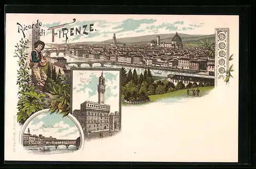 Lithographie Firenze, Gesamtansicht, Palazzo Vecchio, Ponte Vecchia