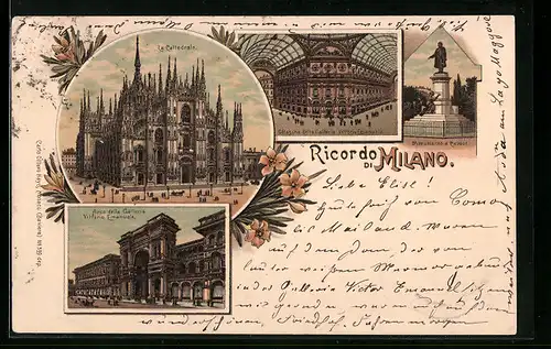 Lithographie Milano, La Cattedrale, Monumento a Cavour, Arco della Galleria Vittorio Emanuele