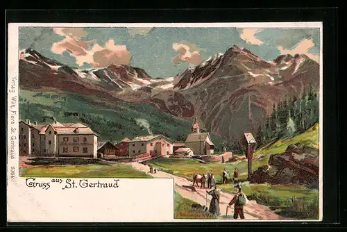 Lithographie St. Gertraud, Panorama mit Flurkreuz