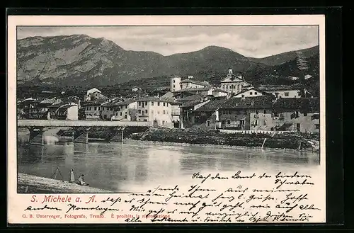 AK S. Michele a. A., Uferpartie mit Brücke