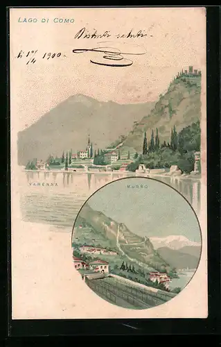 Lithographie Varenna, Panorama, Musso, Lago di Como