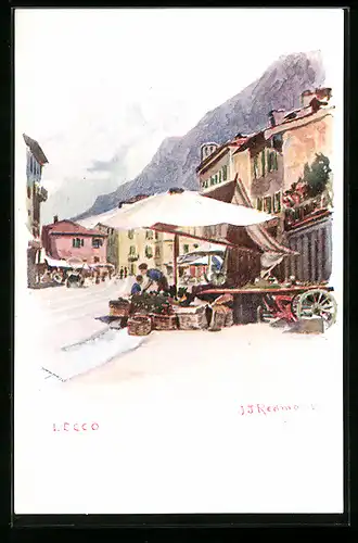 Lithographie Lecco, Blick auf einen Marktstand