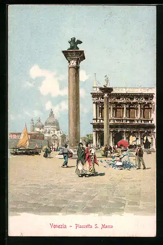 AK Venezia, Piazzetta S. Marco mit dem Markuslöwen