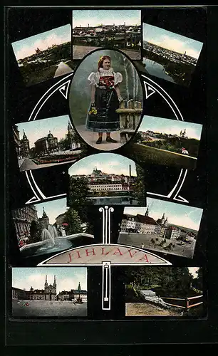 AK Iglau, Brunnen, Wasserfall, Frau in Tracht