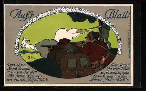 Künstler-AK Fritz Baumgarten: Auf`s Blatt!, Jäger bringen einen Hirsch zur Strecke