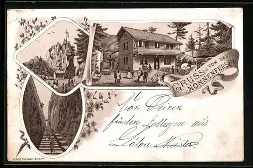 Vorläufer-Lithographie Jonsdorf, 1894, Gasthaus Nonnenfelsen, Stufen zum Gipfel