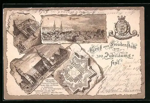 Lithographie Freudenstadt, Festpostkarte zum 300 jährigen Stadtjubiläum 1899, Altes Stadttor, Stadtkirche