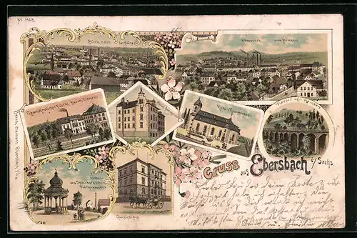 Lithographie Ebersbach / Sachsen, Geschäftsbücher-Fabrik Bernh. Clemens, Amtsgericht, Totalansicht