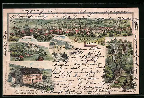 Lithographie Lorch, Totalansicht, Kloster, Schillerhaus und Gasthof zum Hirsch