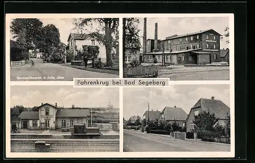 AK Fahrenkrug b. Bad Segeberg, Bahnhof, Gemischtwaren-Handlung v. Johs. Iden