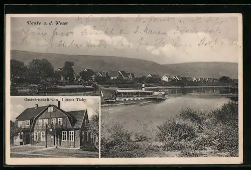 AK Vaake, Gasthof von Lorenz Tichy, Dampfer auf der Weser