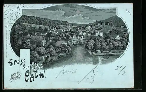 Lithographie Calw, Totalansicht mit silbernen Dächern