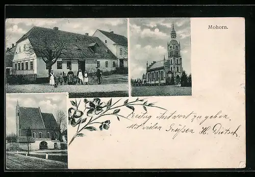 Mondschein-AK Mohorn, Gasthaus Otto Senft und Kirche