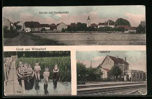 AK Wünsdorf, Bahnhof, Kirche mit Dorfansicht