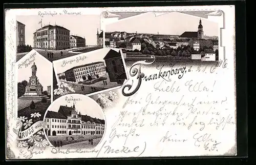 Lithographie Frankenberg, Bürgerschule, Krieger- u. Siegesdenkmal, Realschule u. Diaconat