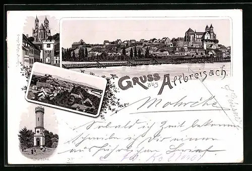 Lithographie Altbreisach, Tullathurm, Totalansicht