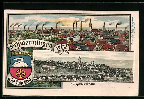 Lithographie Schwenningen, Historische Ansicht 1860 und jetzige Ansicht