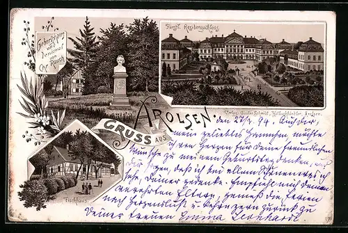 Lithographie Arolsen, Gasthaus und Denkmal von Chr. Rauch, Residenzschloss