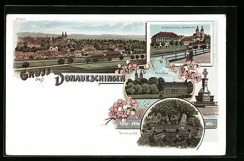 Lithographie Donaueschingen, Totalansicht, Schützenbrücke mit Stadtkirche, Donauquelle
