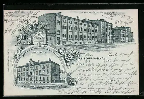 Lithographie München-Schwabing, K.B. Bekleidungsamt, Dienstgebäude zw. Hessstrasse u. Infanteriestrasse