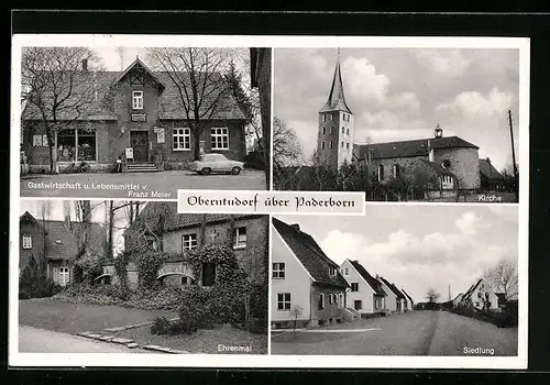 AK Oberntudorf über Paderborn, Kirche, Gasthaus und Lebensmittel v. Franz Meier, Ehrenmal
