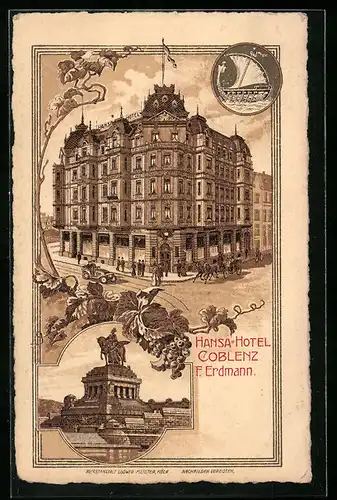 Künstler-AK Coblenz, Hansa-Hotel F. Erdmann, Ehrenmal