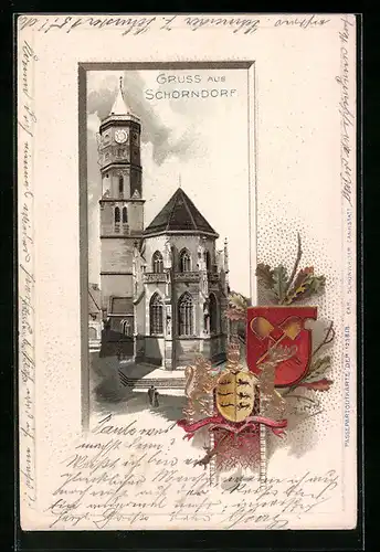 Künstler-AK Diefenbach: Schorndorf, Kirche und Wappen