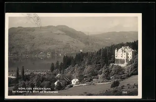 AK Klagenfurt, Schloss Freienturn u. Blick auf den Wörthersee