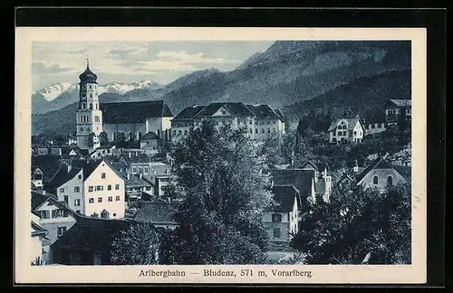 AK Bludenz, Ortspartie mit Kirche aus der Vogelschau
