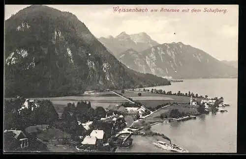 AK Weissenbach am Attersee, Generalansicht mit dem Schafberg