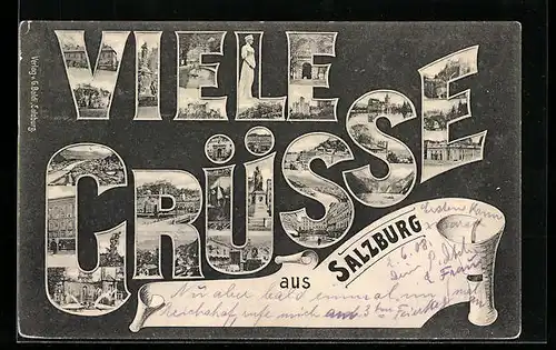 AK Salzburg, Viele Grüsse mit Ansichten aus der Stadt