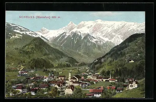 AK Schruns, Bergpanorama mit Sicht auf die Ortschaft