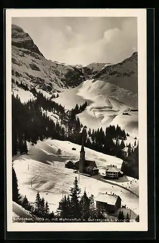 AK Schröcken, Ortsansicht mit Bergen im Winter