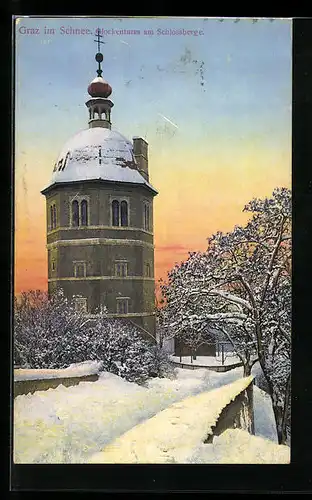 AK Graz, Glockenturm am Schlossberge im Winter
