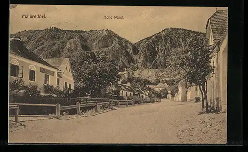 AK Maiersdorf, Strassenpartie mit Gasthof von Carl Seidler und Blick zur hohen Wand