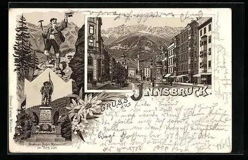 Lithographie Innsbruck, Bergsteiger, Hofer Denkmal & Maria Theresienstrasse, Strassenbahn