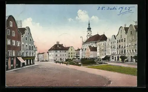 AK Schärding /Ob.-Öst., Strassenpartie mit Geschäften und Brunnen